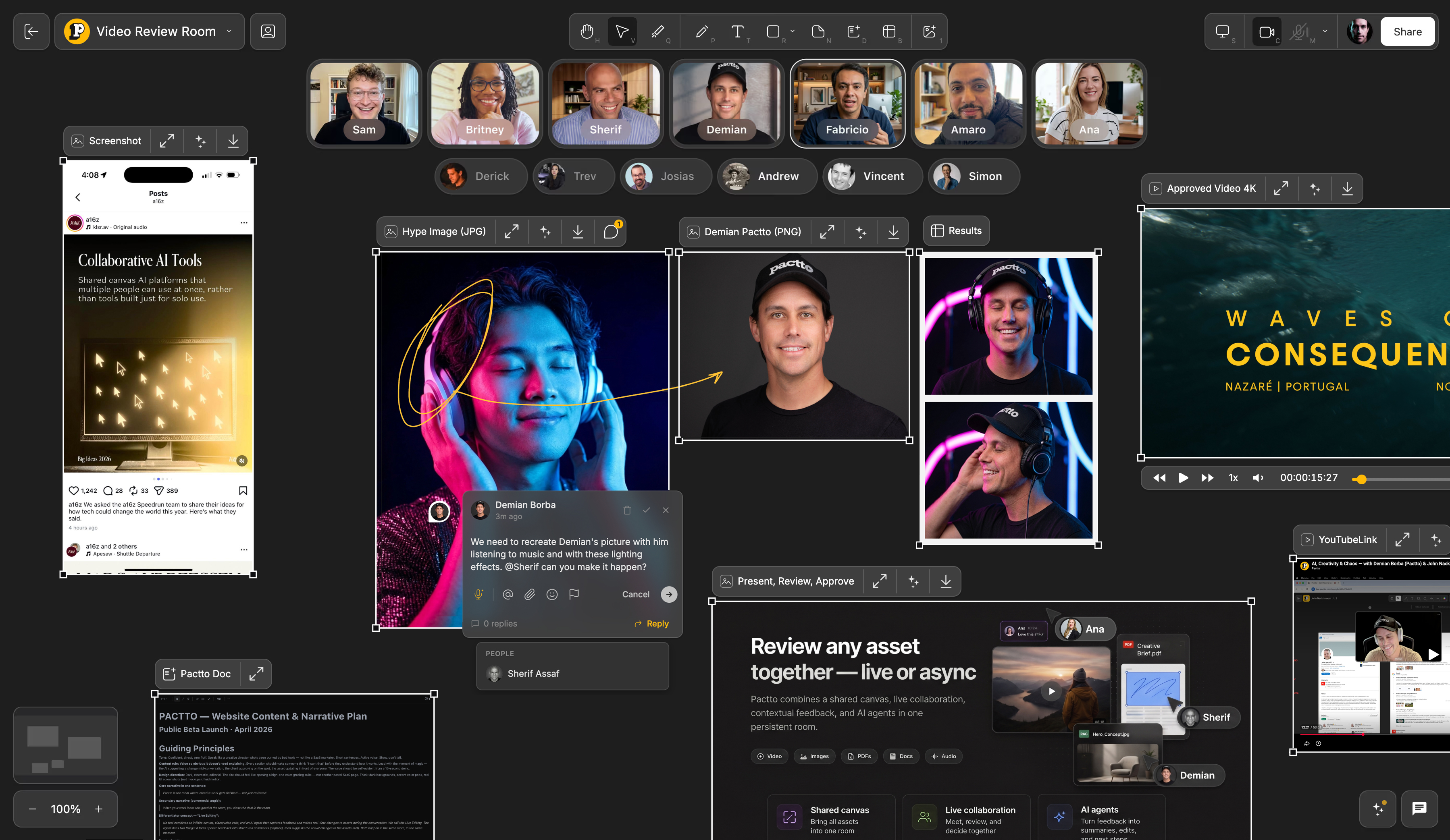 Pactto room — a live creative review canvas with AI assistance